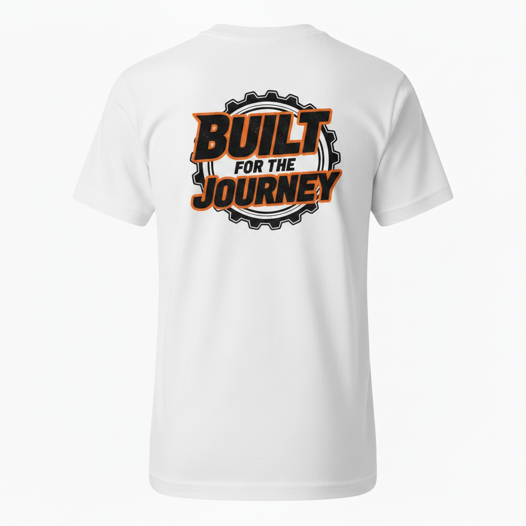 DVO Boys Tee white back with Built for the Journey cog graphic in orange and black