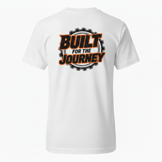 DVO Boys Tee white back with Built for the Journey cog graphic in orange and black