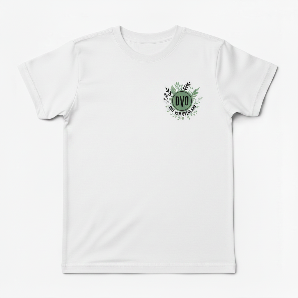 DVO Girls Youth Tee white front with foliage and sage green DVO logo