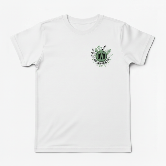 DVO Girls Youth Tee white front with foliage and sage green DVO logo